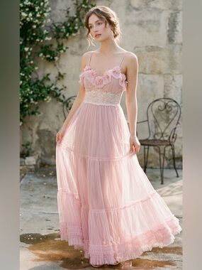 Romantic Pink Lace and Flowers Details Maxi Dress SMALL/MEDIUM